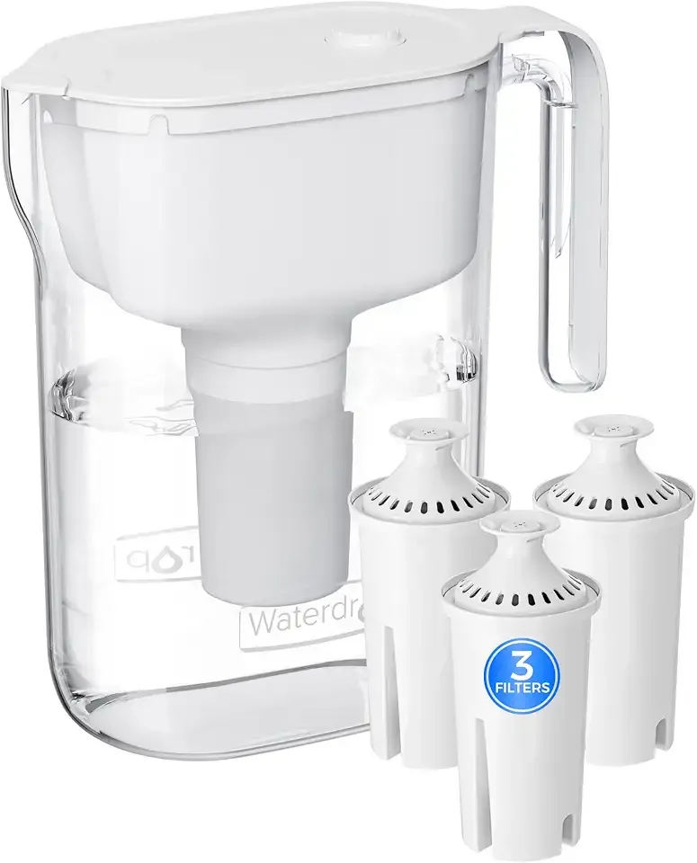 Waterdrop PT-11W 7-Cup Water Filter Pitcher with 3 Replacement Filters, Can Work with Brita® Water Pitchers & Filters, BPA-Free, Fast Flow, Reduces Chlorine and Lead, Up to 6 Months, White
