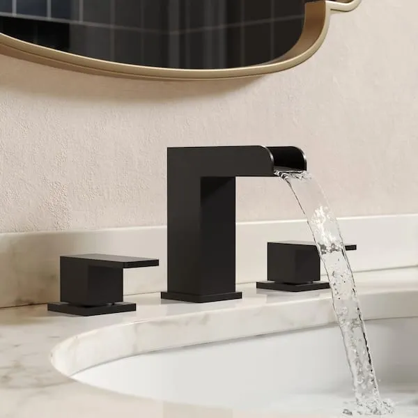 GRANDJOY Open Through Waterfall Spout 8 in.​ Widespread Double Handle Bathroom Faucet Basin Sink Faucet 1.​2 GPM in Matte Black