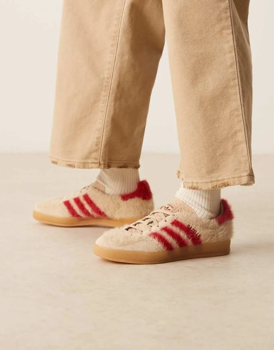adidas Originals Gazelle Indoor trainers in beige and red fuzzy