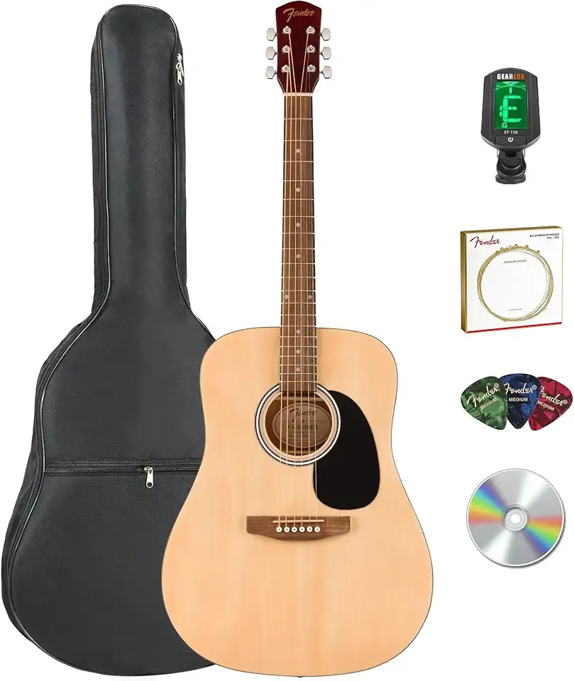 Fender Dreadnought Acoustic Guitar - Natural Bundle with Gig Bag, Tuner, Strings, Picks, and Austin Bazaar Instructional DVD
