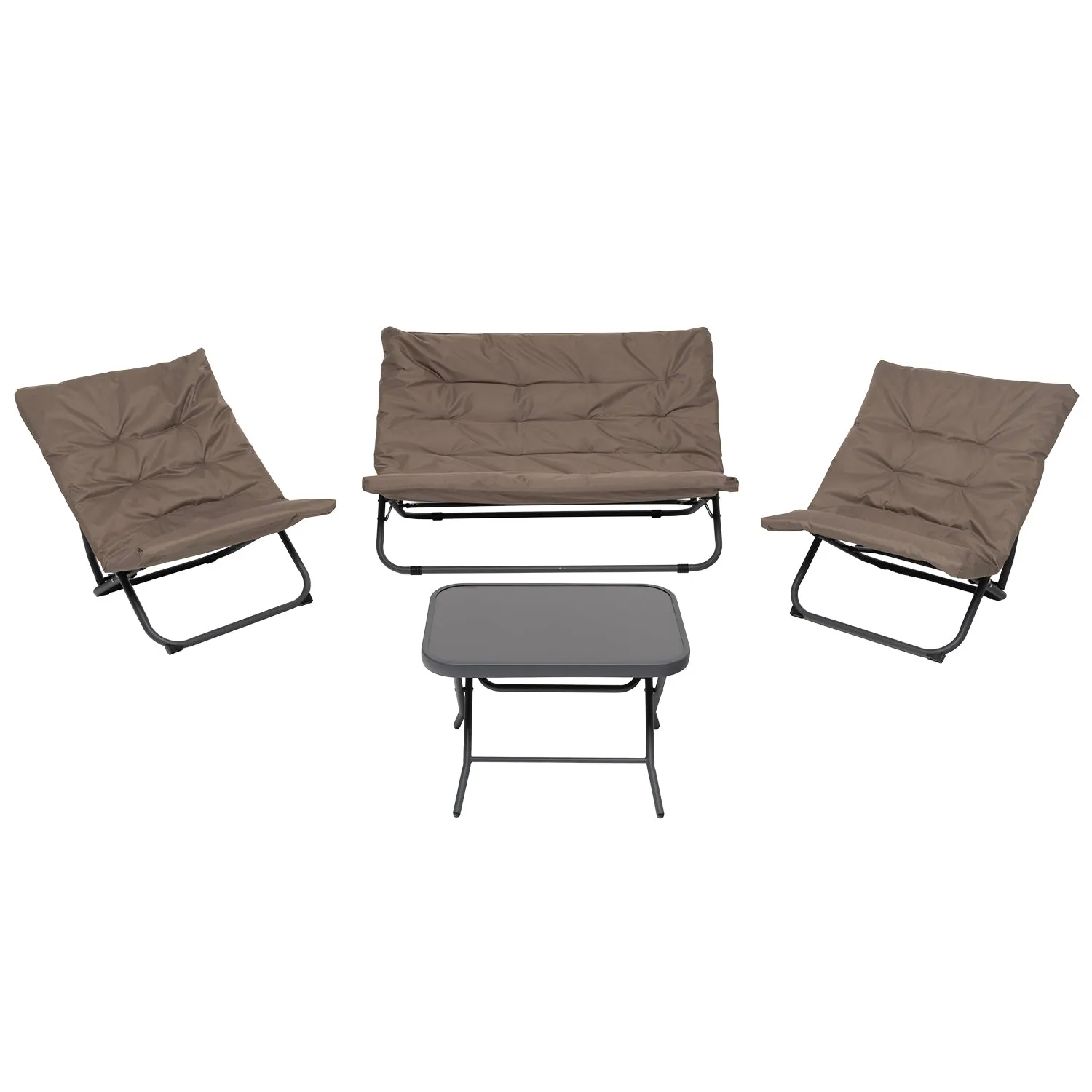 Set da giardino 4 pezzi con Struttura in Acciaio Antracite, Tavolino con top in vetro e cuscini Tortora