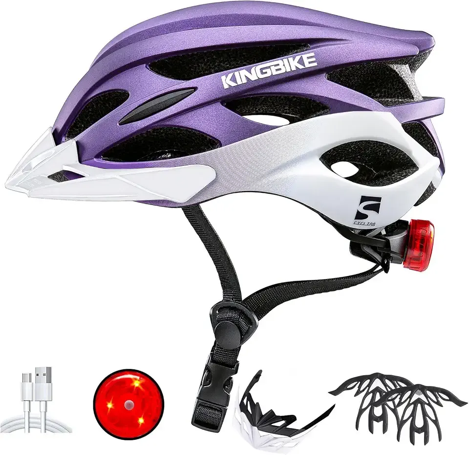 KINGBIKE Bike Helmet with USB Rechargeable Light & Replacement Pads & Visor | Road Bike Helmet for Youth Adult men women, MTB, commute. Adjustable 52-60CM