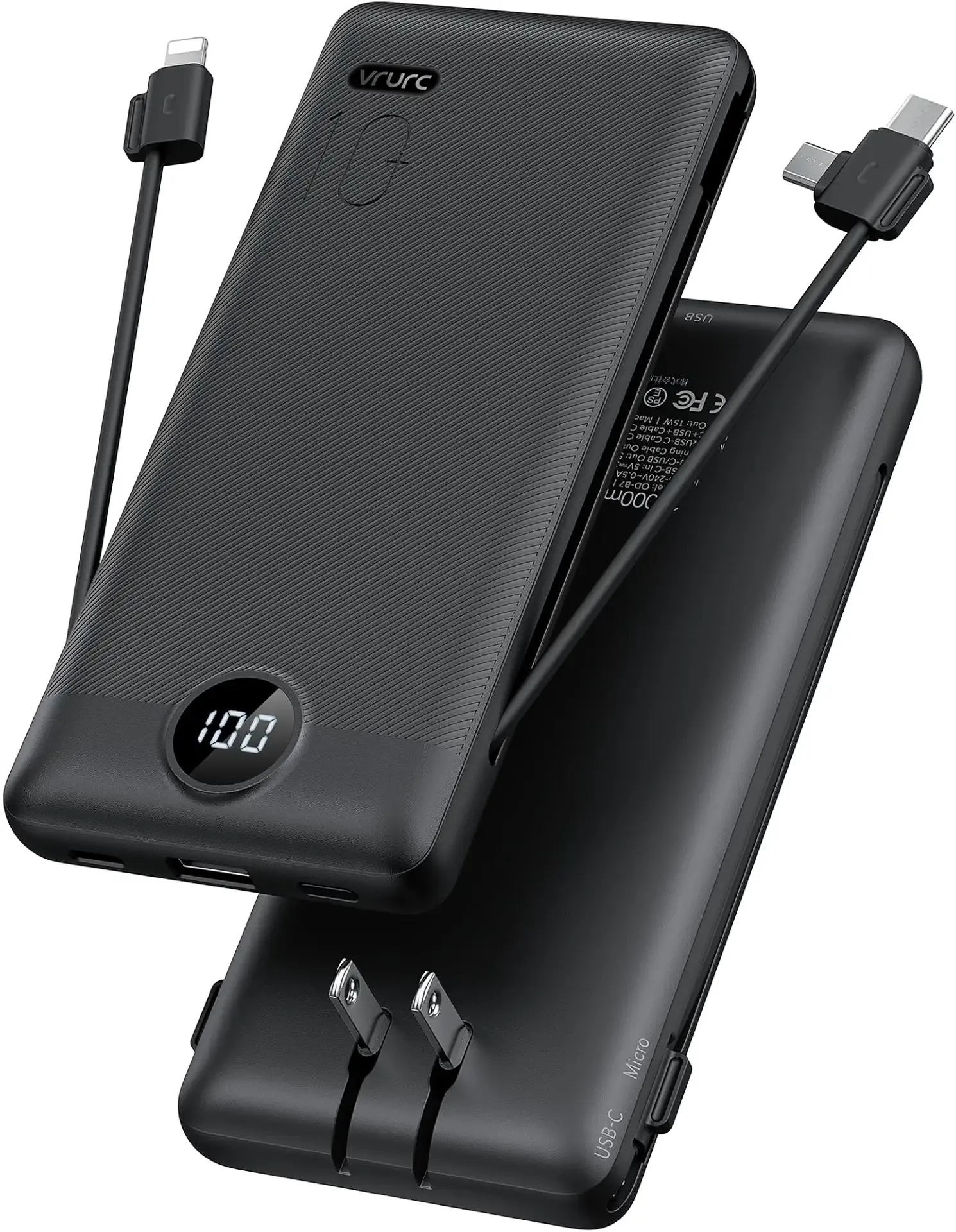 Portable Charger,Power Bank Built-in Cables and AC Wall Plug,VRURC USB C Portable Bank 10000mAh,Travel Essentials Phone Charger Compact Lightweight External Battery Pack for Smart Phones,Tablets-Black