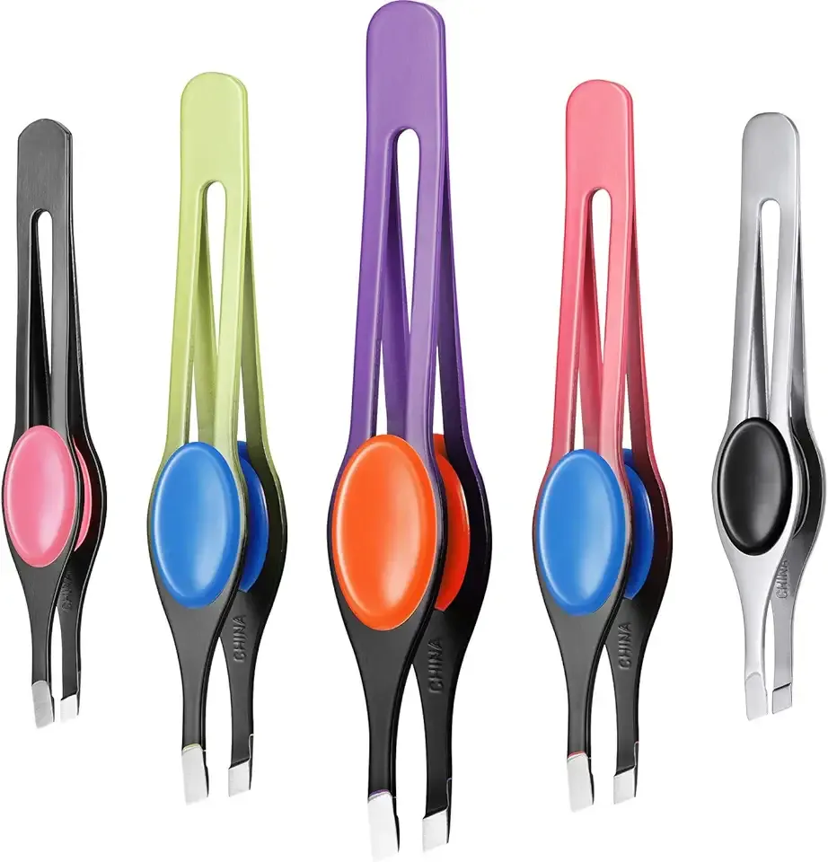 Chumia 5 Pieces Non-Slip Grip Tweezers Slanted Tip Stainless Steel Tweezer Wide Precision Tip Clip Tweezer for Ingrown Hair Eyebrow Shaping Splinter Blackhead Remover (Colorful Rubber Grip)