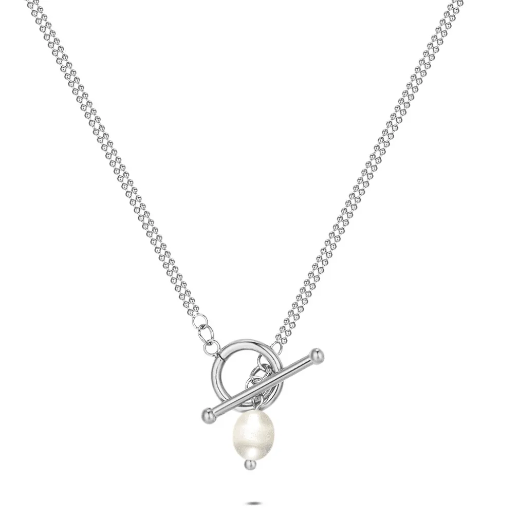 Halsketting in edelstaal, zoetwaterparel