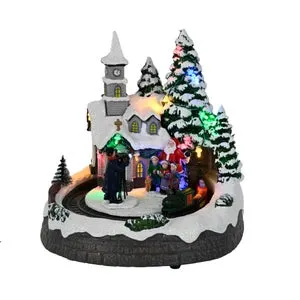 Ciudad animada de Navidad tren 19x18x20cm de resina multicolor con iluminación