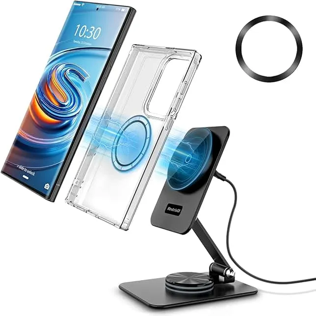 Compatible with MagSafe Charger, 15W Magnetic Charger Stand, 360°Rotation Base Adjustable Foldable Wireless Charger for Samsung Galaxy S25 Ultra/Z Fold7/Flip7/iPhone 17/Pixel 10 Pro/Pixel 10 Pro Fold