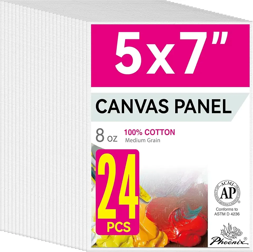 PHOENIX Small Painting Canvas Panels 5x7 Inch, 24 Bulk Pack - 8 Oz Triple Primed 100% Cotton Acid Free Canvas Boards for Painting, White Blank Flat Canvas Boards for Acrylic, Oil Paints