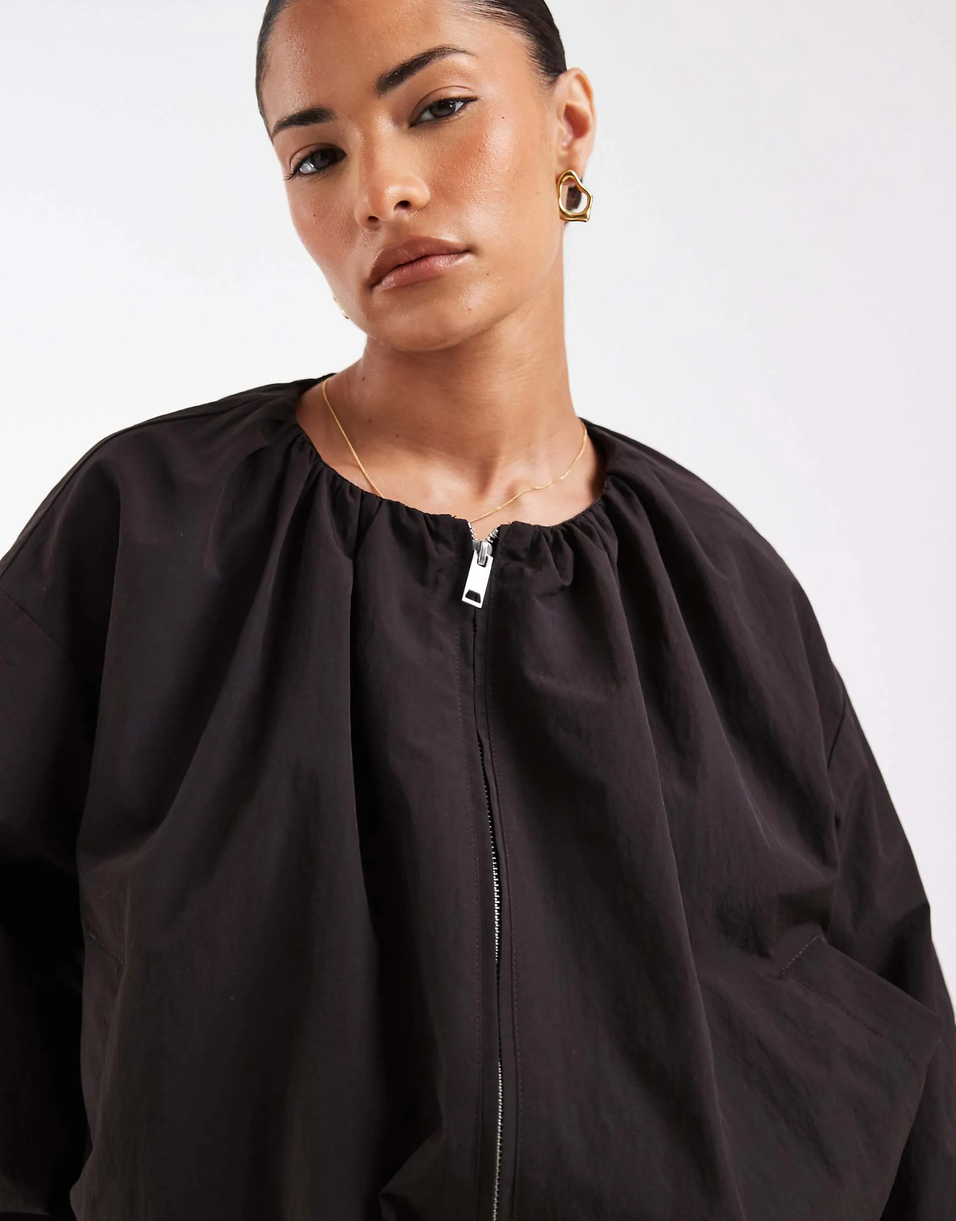ASOS DESIGN Petite cropped bubble hem nylon bomber jacket in chocolate