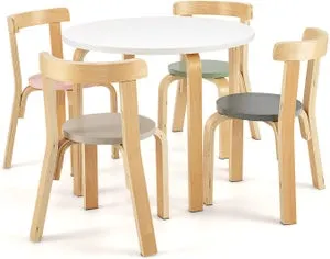 Juego de Mesa y Sillas 5 Piezas para Niños de Madera de Álamo, con Respaldo Curvo, Superficie Impermeable, 60x50x50 cm, Carga 25 KG, Colorido