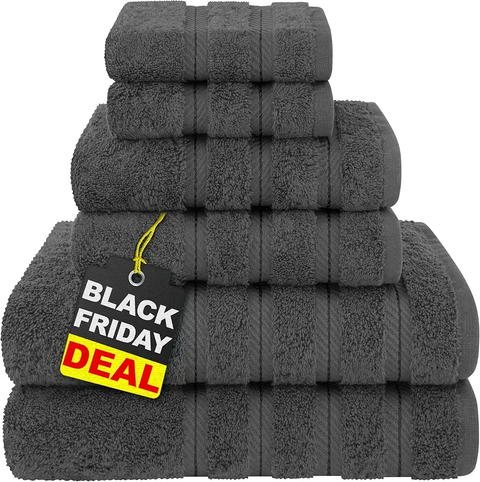 American Soft Linen Luxury 6 Piece Towel Set, 2 Bath Towels 2 Hand Towel 2 Washcloths, 600 GSM 100% Cotton Turkish Towels for Bathroom, Dark Gray Towel Sets