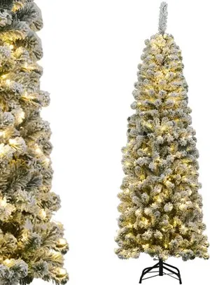 Árbol de Navidad Nevado con Luces 180cm, Arbol de Navidad Slim/Estrecho con Luces Incorporadas, 250 Luces LED Cálidas, Arvore de Natal con 500