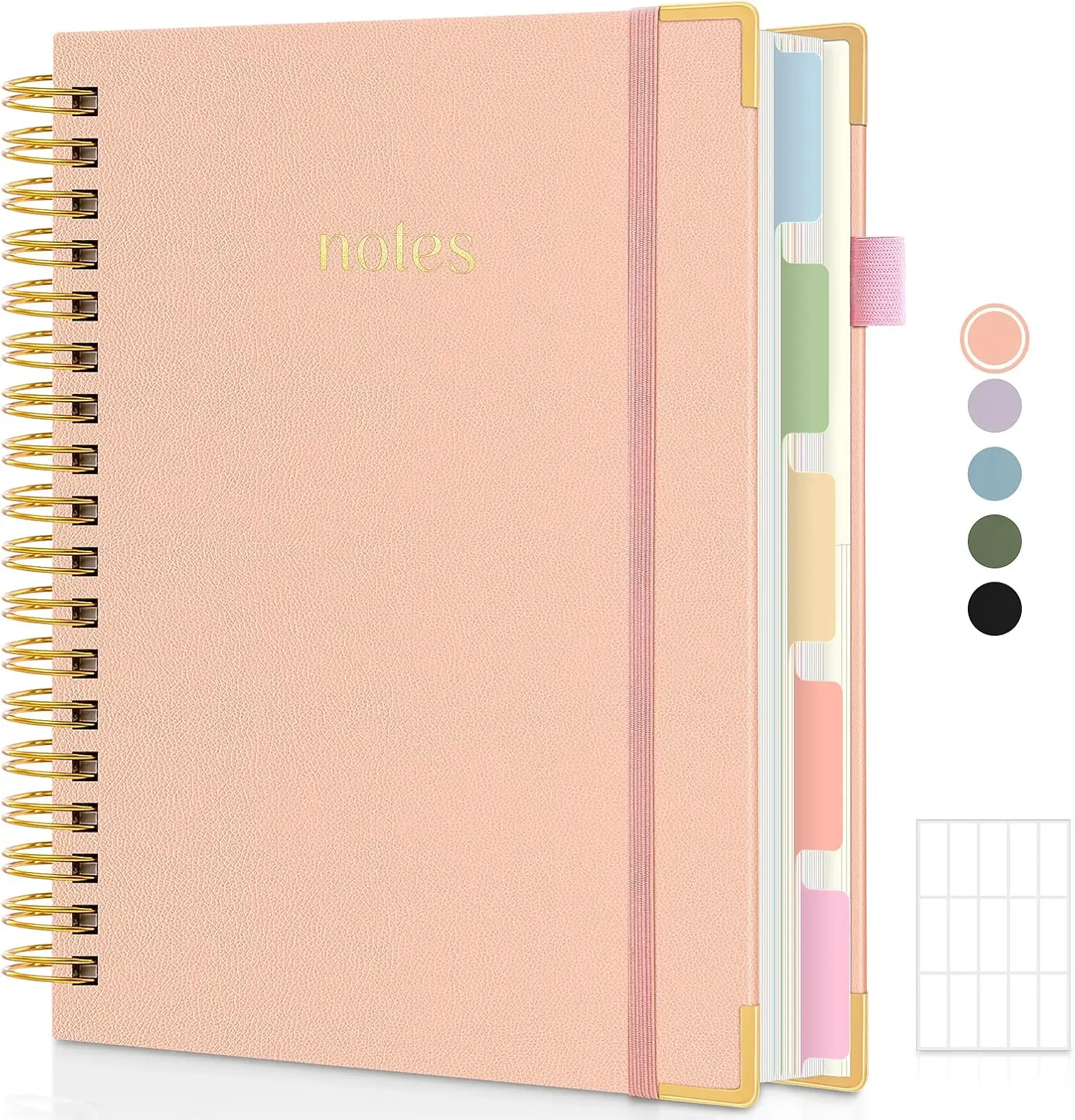 SKYDUE Hardcover Spiral Notebook, 300 Pages 8" x 10" College Ruled Notebook for Work with Dividers & Pockets, 5 Subject Notebook Journals for Women, Double Wire Bound, Tab Stickers Included, Pink