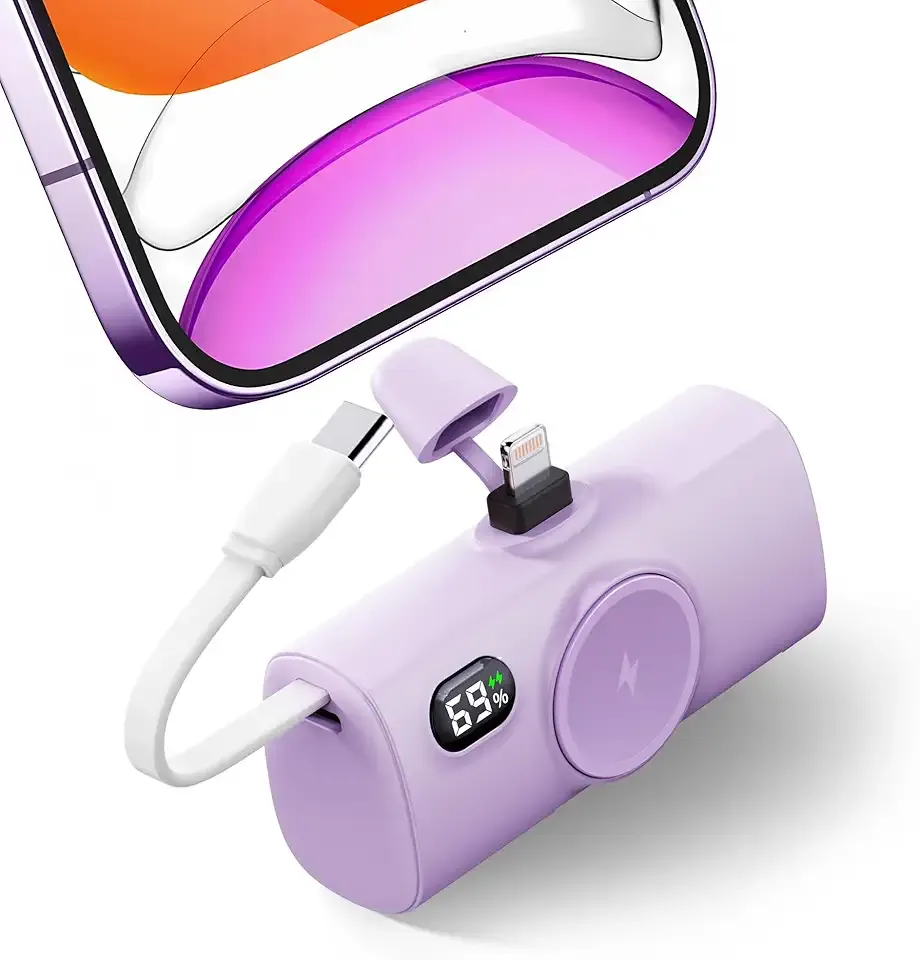 Mini Purple Power Bank with USB C Cable for Samsung,100g 5000mah Small Portable Charger for iPhone 14 Plus/14/14 Pro Max,Battery Pack with Digital Display Compatible With iPhone 13/12/14 series-Purple