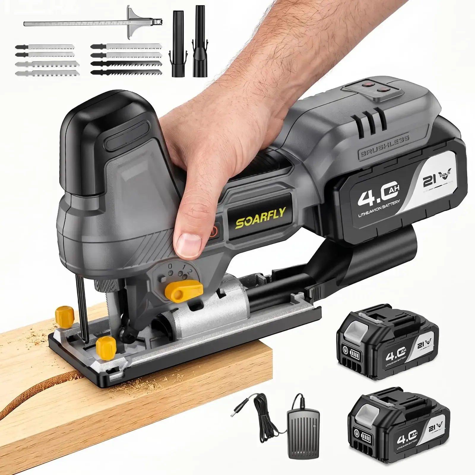SOARFLY Jig Saw 3500RPM Brushless Jigsaw with 2×4.0Ah Batteries and Charger | Cordless, Barrel Grip, ±45° Bevel Cuts, 6 Variable Speed, 8 Blades, 4 Orbital Action for Wood Metal PVC Cutting