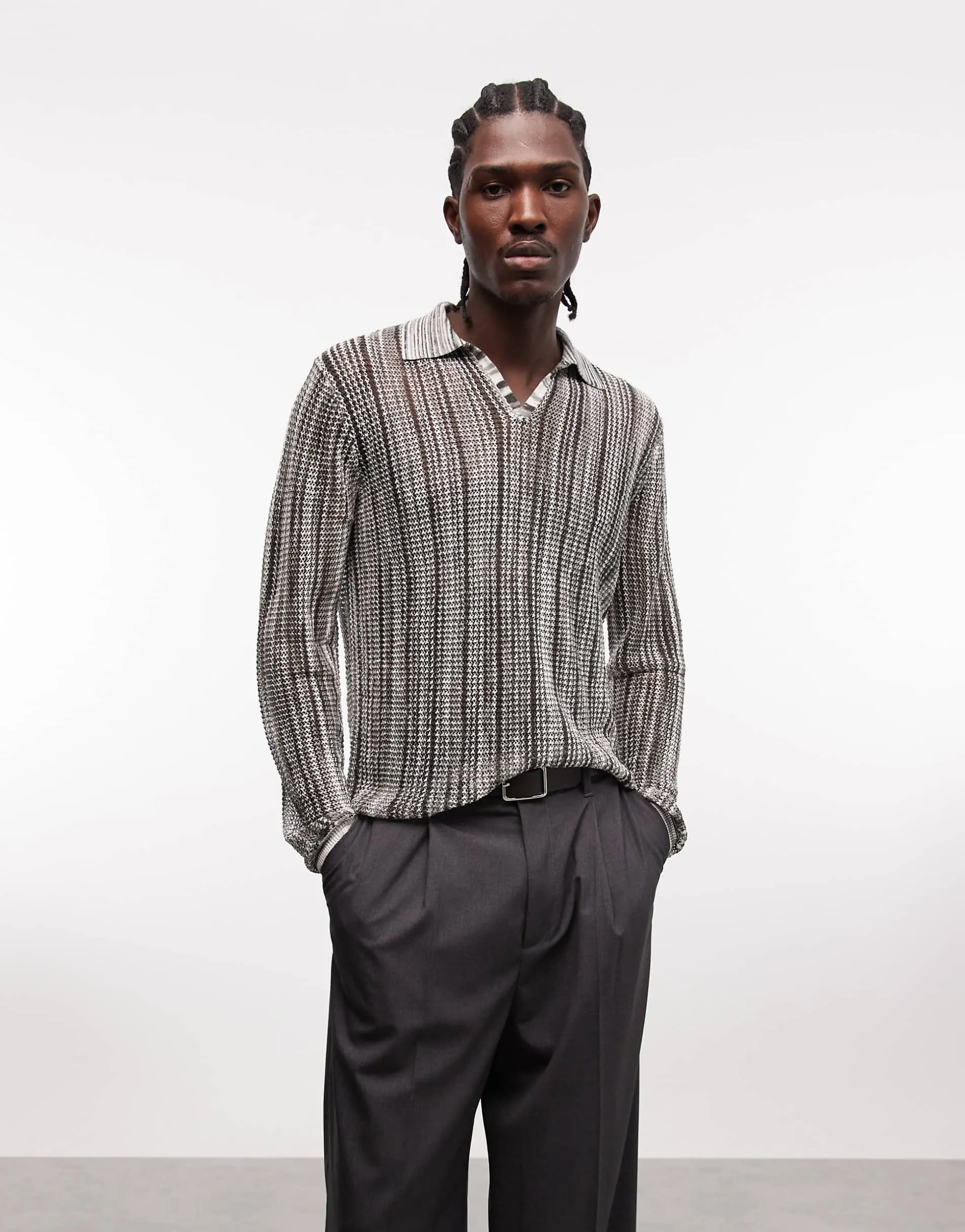 ASOS DESIGN knitted long sleeve mesh notch neck polo in multicolour