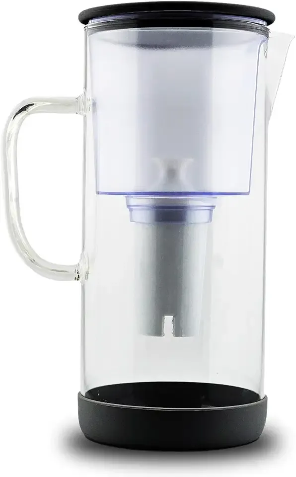 Glass Pitcher with Mineral Rich pH Balancing Filter, Sleek Glass Lid – Brita Compatible Fridge Friendly Design (Black)