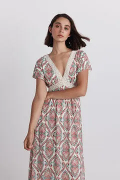 Vestido midi manga corta cenefa