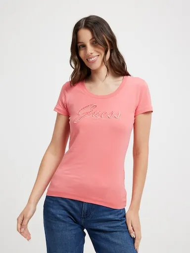Guess Cn Ss Embro Script Logo Tee In Revival Rose