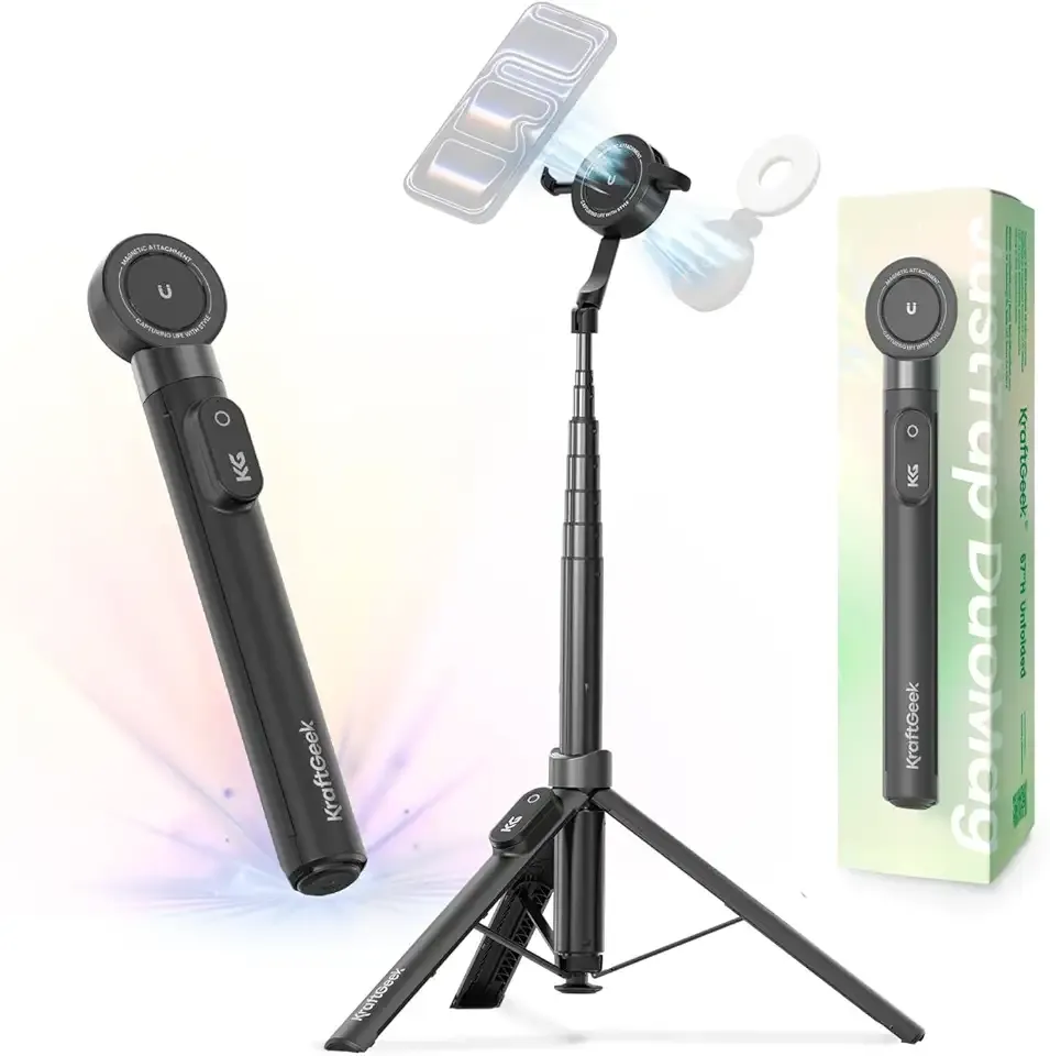 KraftGeek 67" Dual-Sided Magnetic Phone Tripod for iPhone MagSafe,Auto-Open Selfie Stick Tripod with Remote, Hidden Clamp, Portable Cell Phone Tripod Stand for Travel & Content Creation(Black)