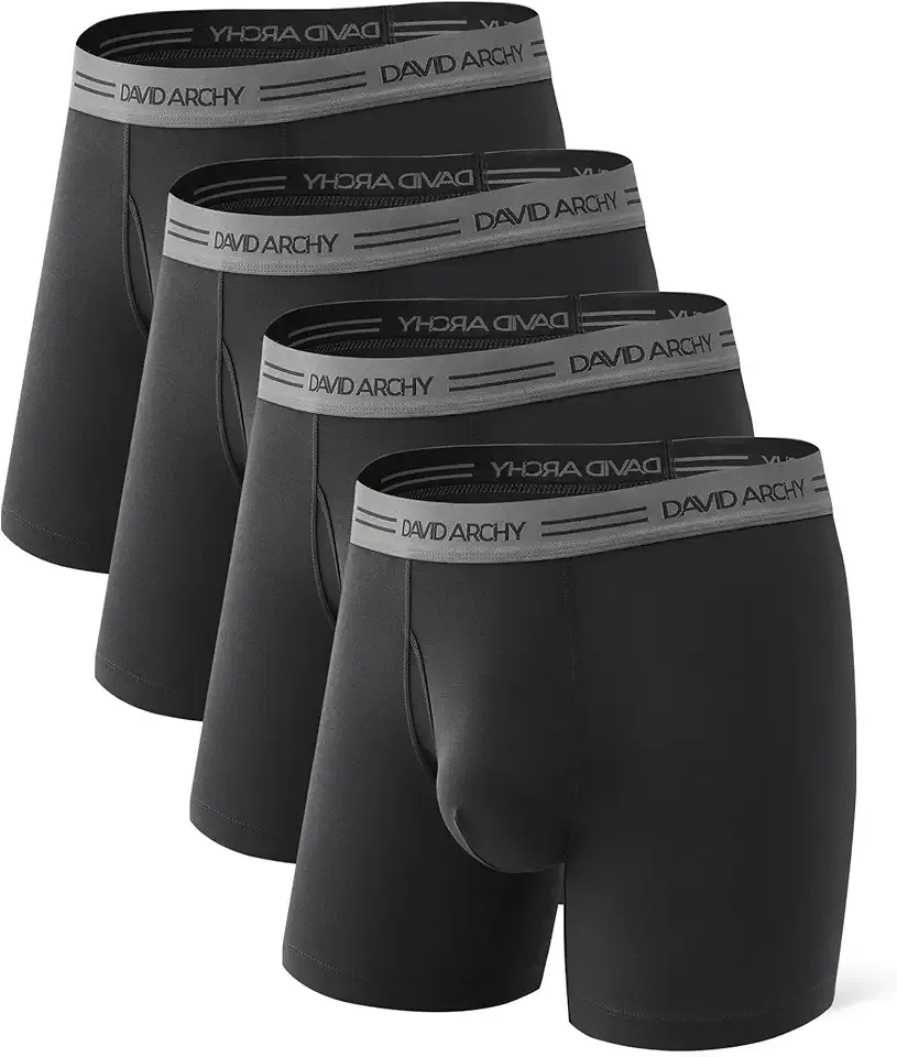 Moisture Wicking Breathable Men's Boxer Briefs Ultra Soft Underwear Fly Pouch Tagless 6.5" Inseam No Roll, 4 Pack