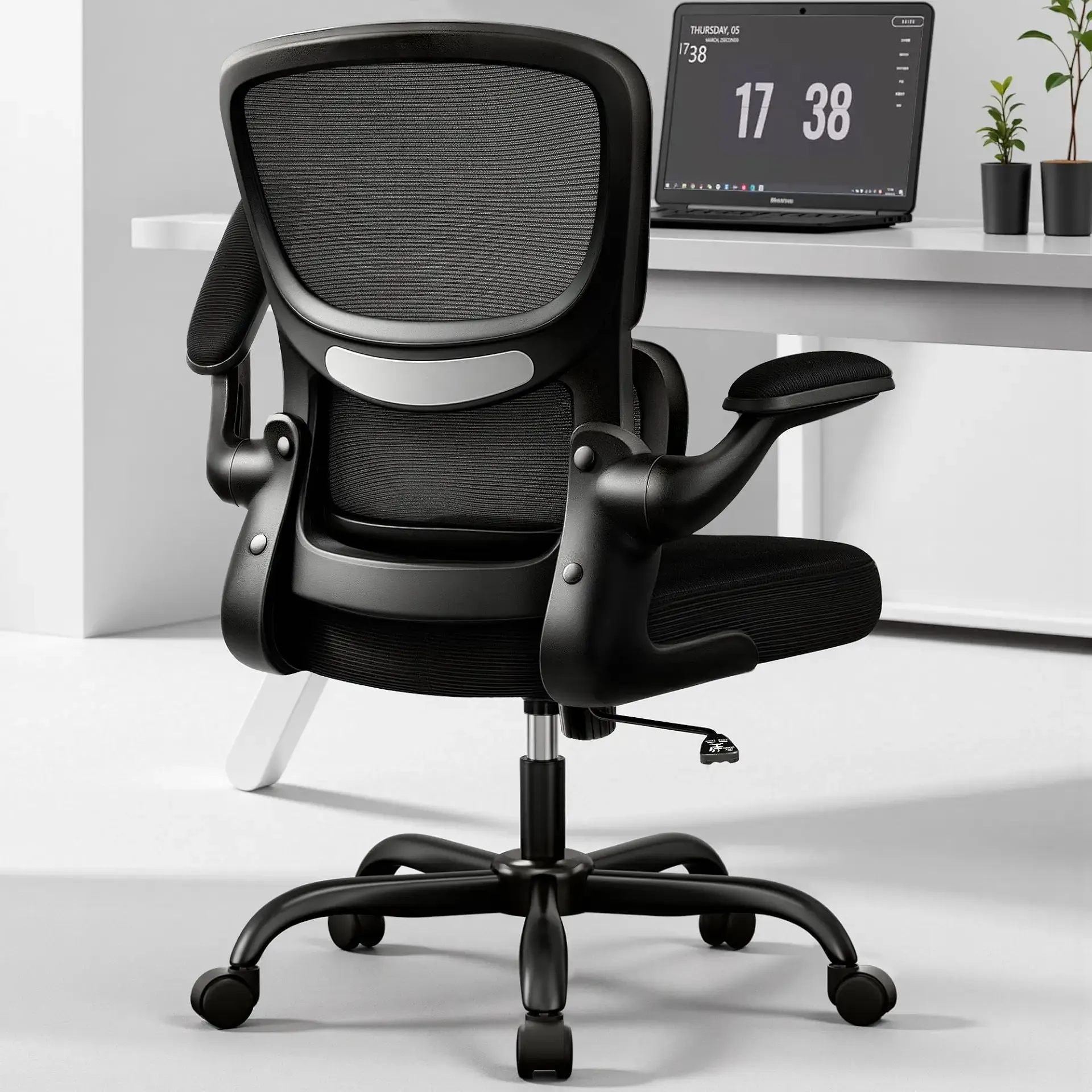 Office Chair Ergonomic Desk Chair, Breathable Mesh Comfy Chair with Lumbar Support, Computer Chair, Home Desk Chair with Flip-up Armrests, Gaming Chair for Adults Home Office (Black)
