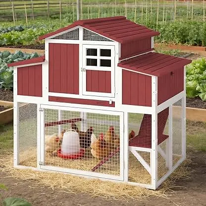 Large Chicken Coop Outdoor with Run, Hen House with Nesting Boxes, Rabbit Hutch Poultry Bunny Cage for 2-4 Chickens with Perches, Removable Tray (Red Chicken Coop 56.3" L x 35.24" W x 52.8" H) Large Chicken Coop Outdoor with Run, Hen House with Ne…