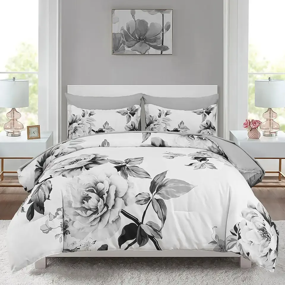 Drucon Grey Floral Comforter Set Queen 7 Pieces Bed in a Bag Botanical Floral Comforter Soft Microfiber Grey Bedding Set Queen Size Bed with Sheet and Pillowcase