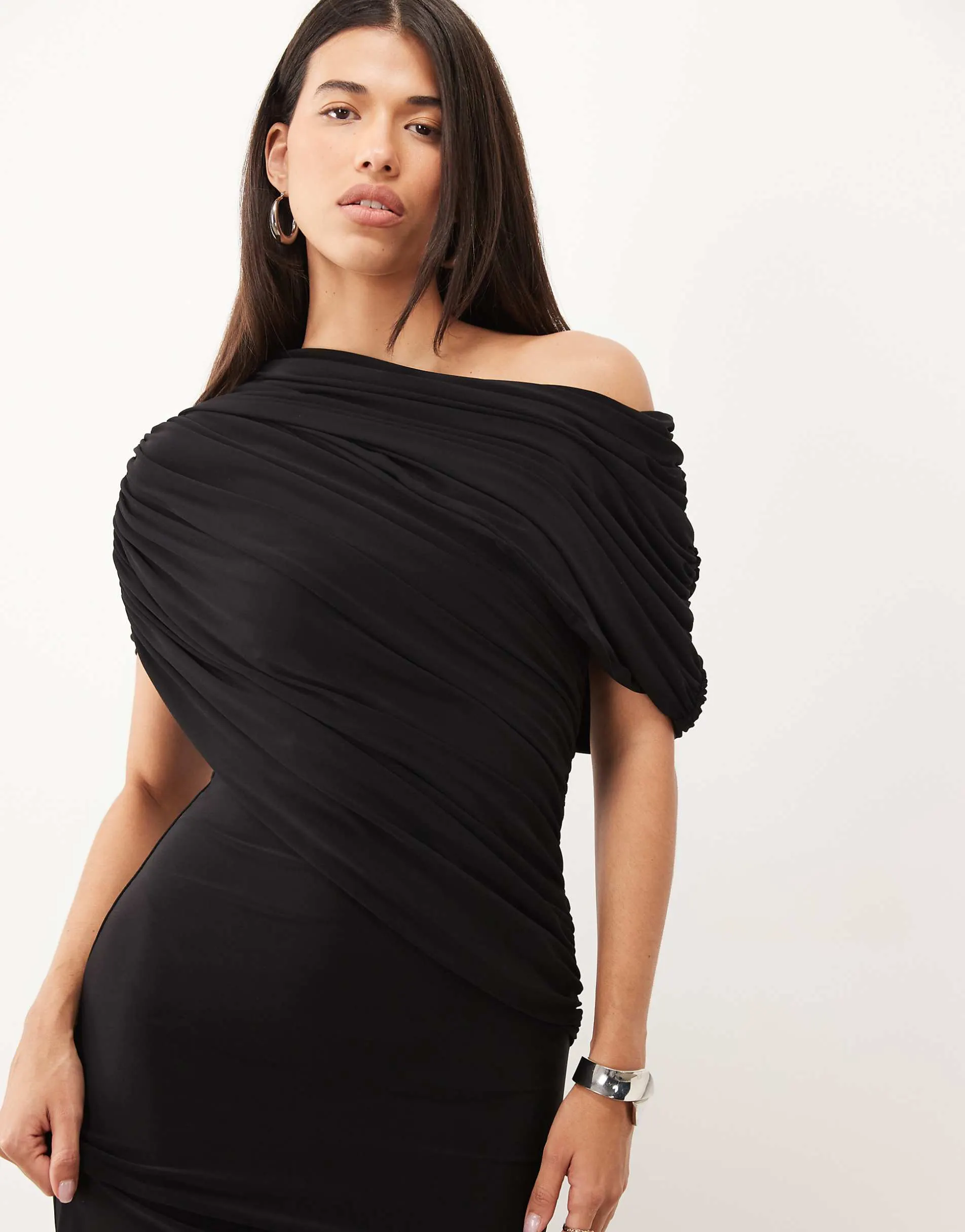 ASOS DESIGN off shoulder wrap bodice detail maxi dress with train in black