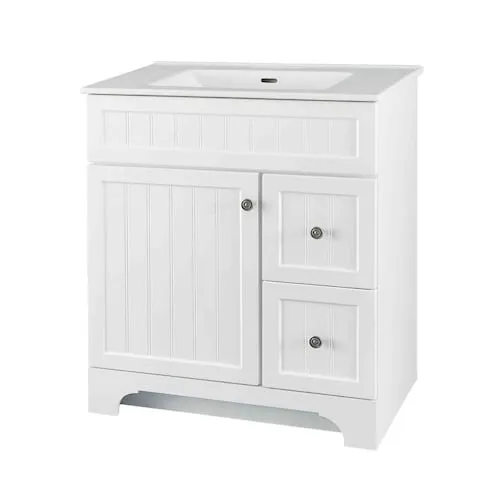 Whitton 30.1-inch W x 35-inch H x 18.3-inch D Bathroom Vanity in White Wood with Porcelain Countertop Single Sink