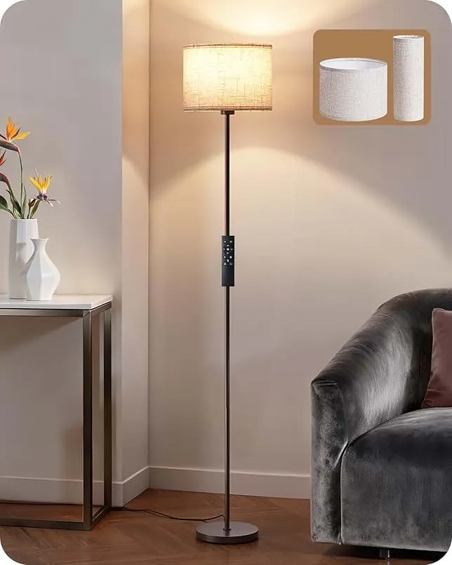 EDISHINE Minimalist Floor Lamp with 2 Shades, Adjustable Brightness & Color Temperature, Remote Control, Dimmable Modern Standing Lamp for Living Room, Bedroom, E26, A19 Bulb Included, Brown