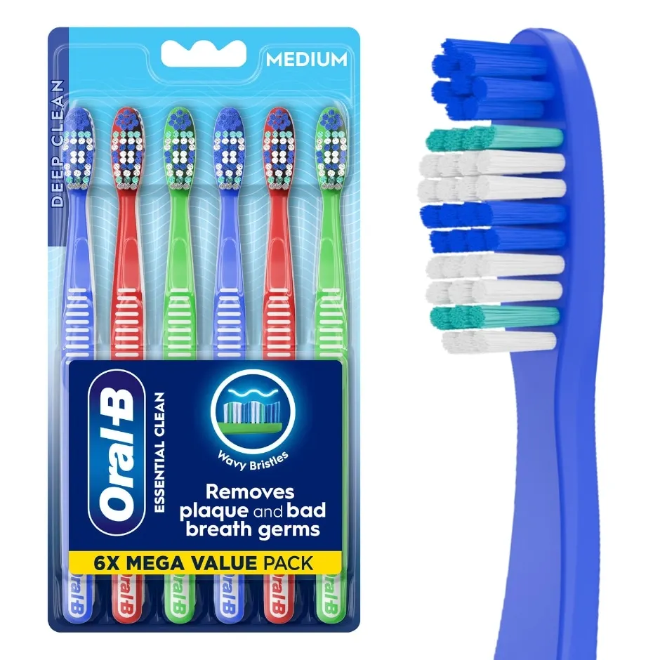 Oral-B Essential Clean Toothbrushes, Removes Plaque, Medium, 6 Count