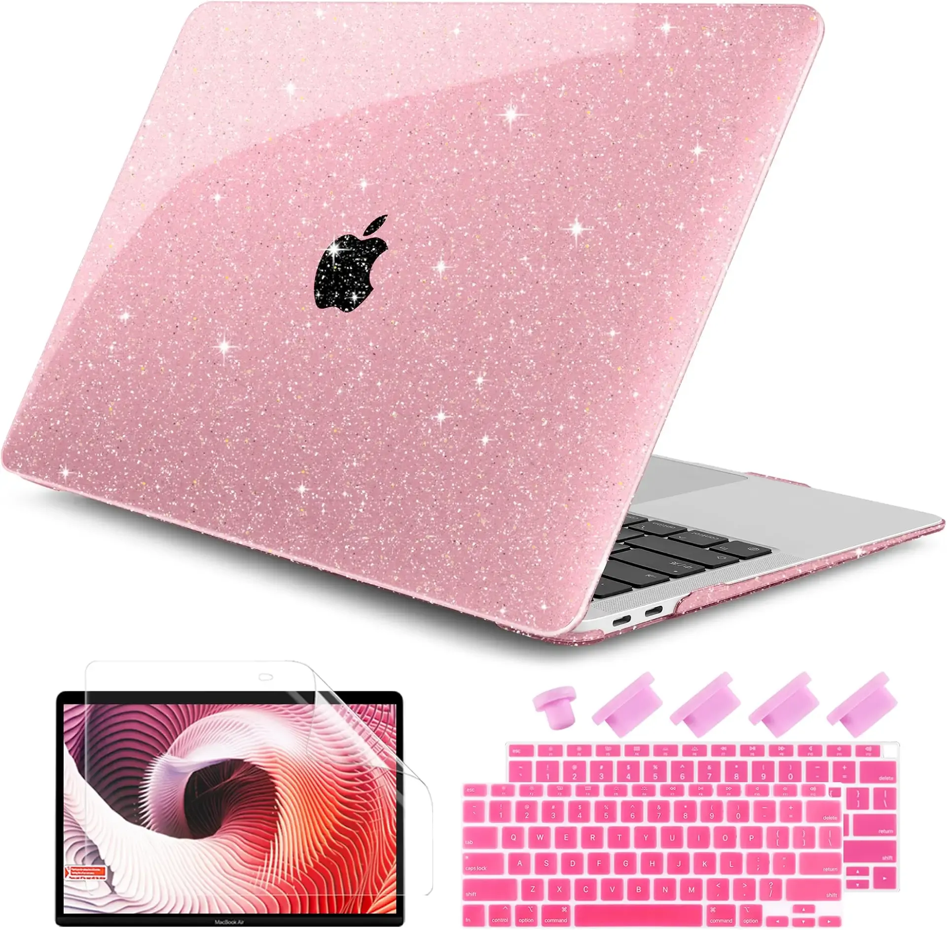 Glitter Case for MacBook Air 13 inch M1 2021 2020-2018, Pink | Fit MacBook Air 13.3" A2337 A2179 A1932 Touch ID, Hard Shell Cover + Keyboard Skin + Screen Film + Dust Plugs