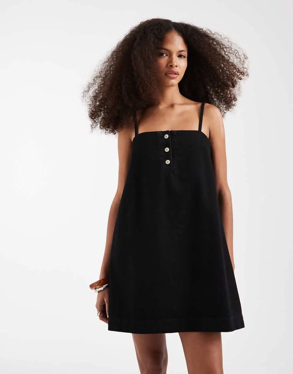 ASOS DESIGN denim cami mini dress with button detail in clean black
