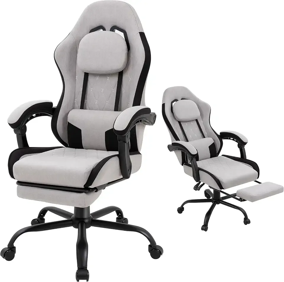Gaming Chair for Adults, Fabric Gaming Chair with Footrest and Pocket Spring Cushion, Ergonomic Gamer Chair with Lumbar Support, Reclining Computer Gaming Chair with High Back, Grey