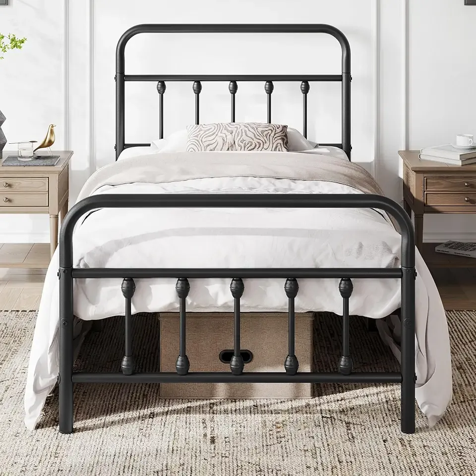 Classic Metal Platform Bed Frame Mattress Foundation with Victorian Style Iron-Art Headboard/Footboard/Under Bed Storage/No Box Spring Needed/Twin Size Black