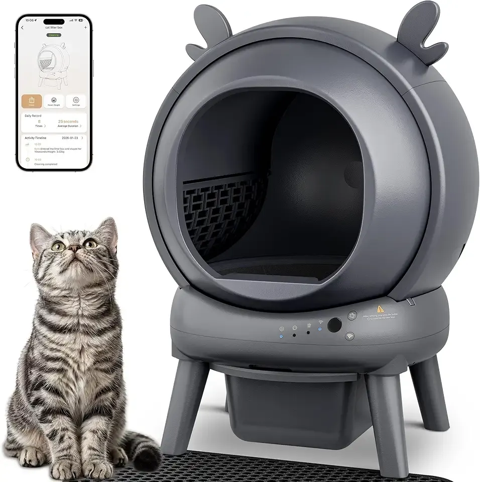 Automatic Self Cleaning Litter Box, Cat Litter Box with APP Control, 65L Globe & Dual Safety Sensors, Robot Litter Box, 1 Roll Garbage Bags and Litter Mat, <35DB, Grey