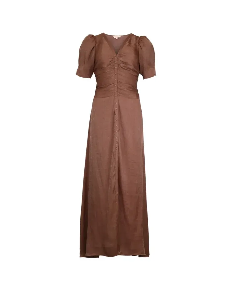 Shiny Button-Down Dress - Brown