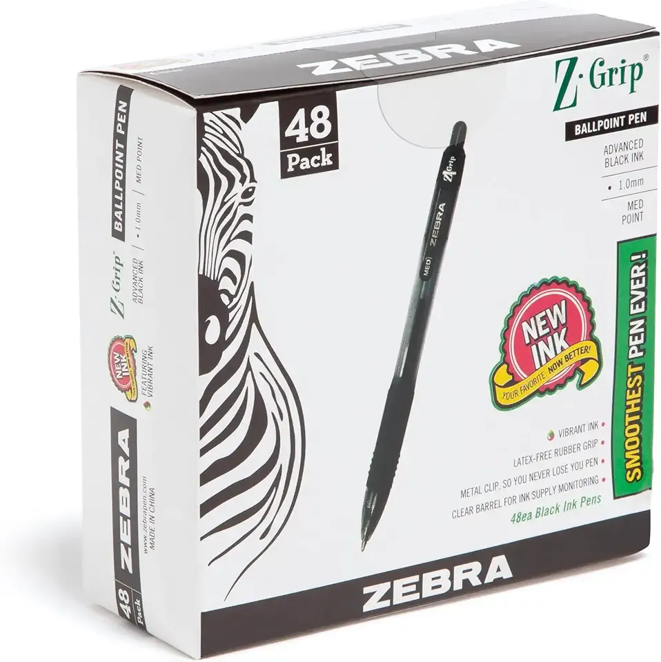Zebra Pen Z-Grip Retractable Ballpoint Pen, Smooth-Flowing Black Ink, 1.0mm Medium Point, School & Office Supplies, Ideal for Note-Taking, Journal and Planner Use, 48-Pack (22148)