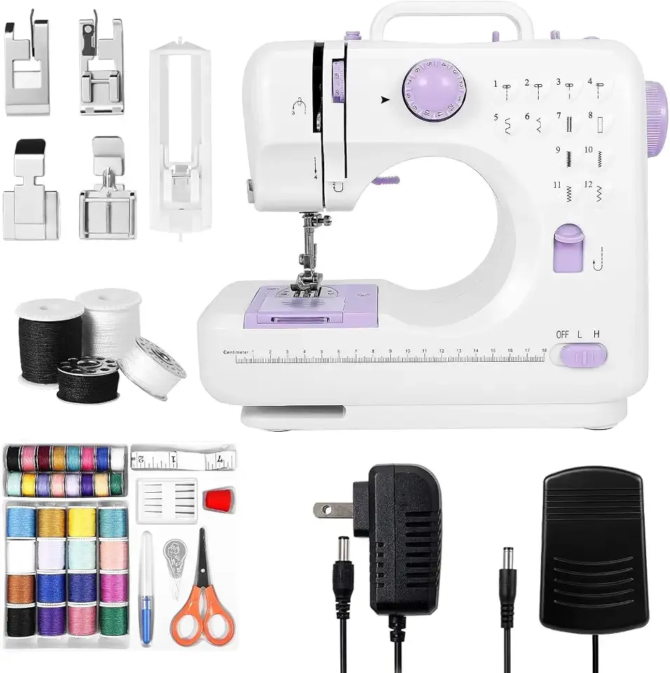 Portable Sewing Machine for Beginners, Mini Sewing Machine with 12 Built-In Stitches, 2-Speed Control, Foot Pedal, LED Light and 32-Color Thread Kit for Home Mending