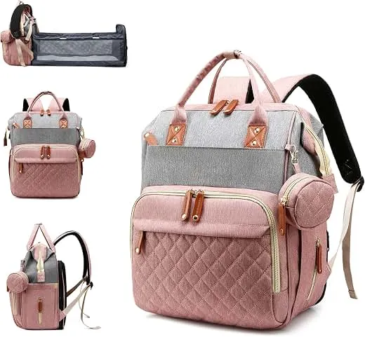 Lamroro Diaper Bag with Changing Station, Waterproof 3 in 1 Diaper Backpack with Foldable Changing Pad, Large Travel Backpack for Mom & Dad, Baby Gift for Baby Girl & Boy, Pink-Grey Lamroro Diaper Bag with Changing Stati…