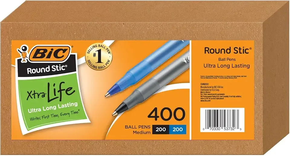 BIC Round Stic Xtra Life Ballpoint Pen, Medium Point 1.0 mm, 200 Black & 200 Blue Ink Pens, Bulk Pack of 400