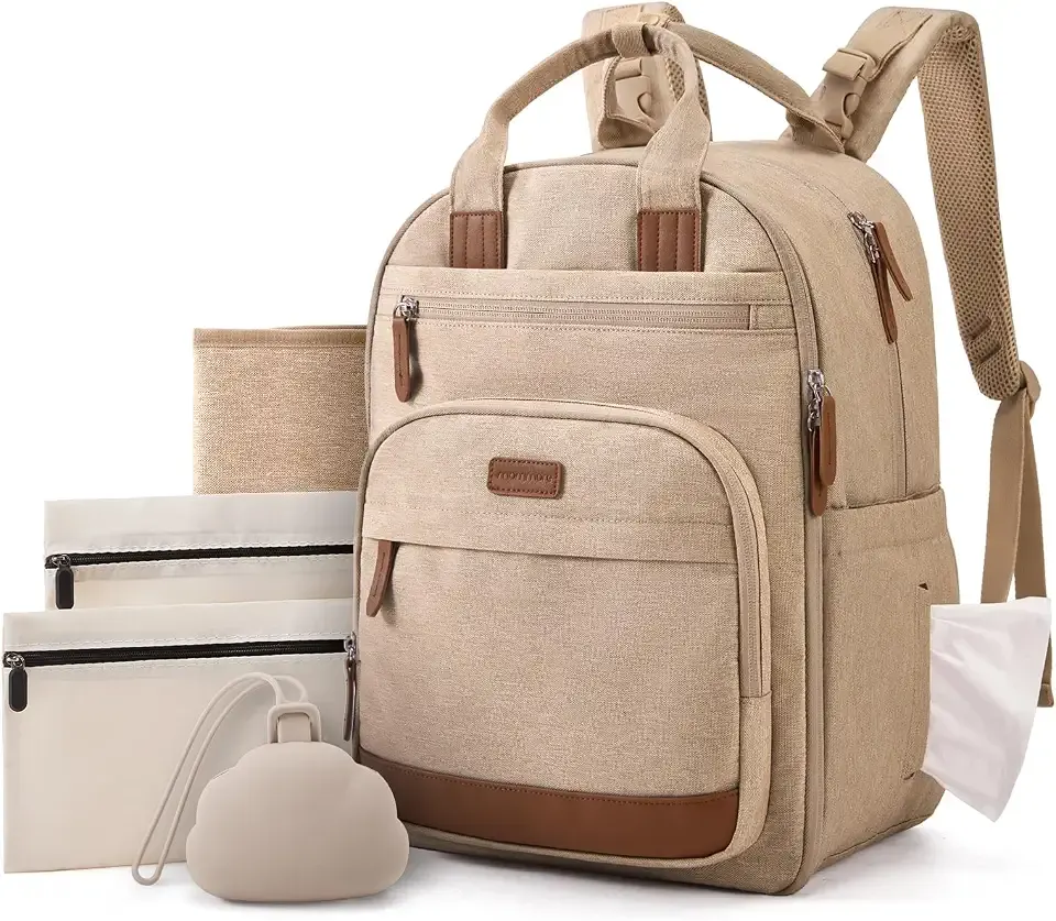 mommore Baby Diaper Bag with Waterproof Changing Pad, Camel | Backpack Bottle Holders Insulated & Pacifier Case, 2 Organizer Pouches