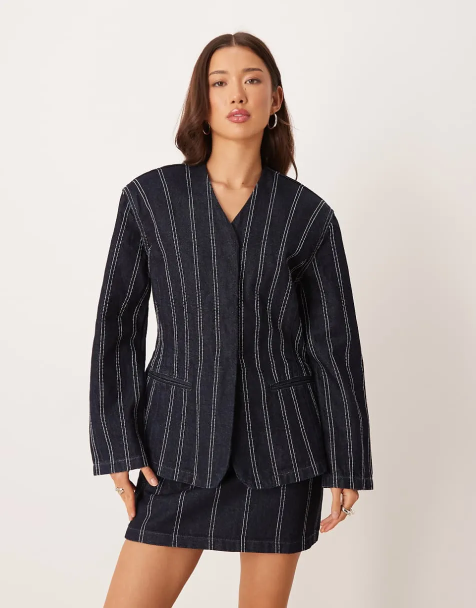 ASOS DESIGN denim structured navy pinstripe blazer co-ord with shoulder pad