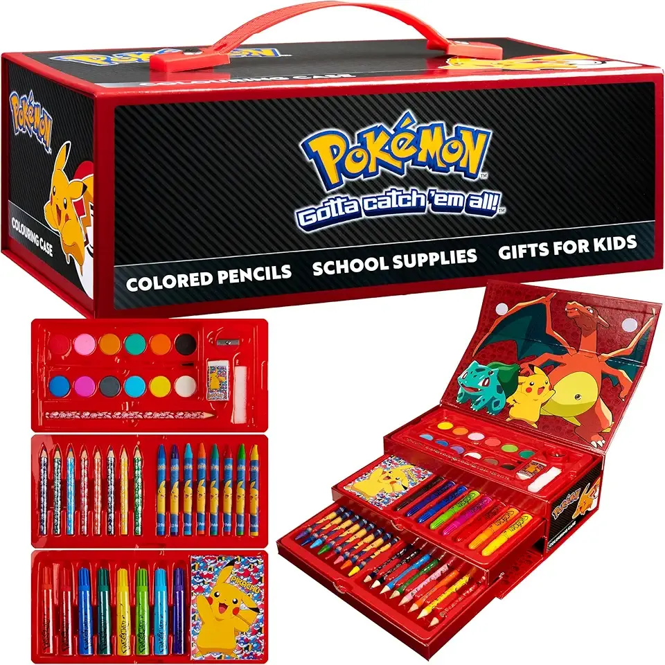 Pokemon Art Set for Boys Girls Drawing Painting Kit Markers Crayons Colored Pencils School Supplies Anime Gifts for Kids (Black/Red)