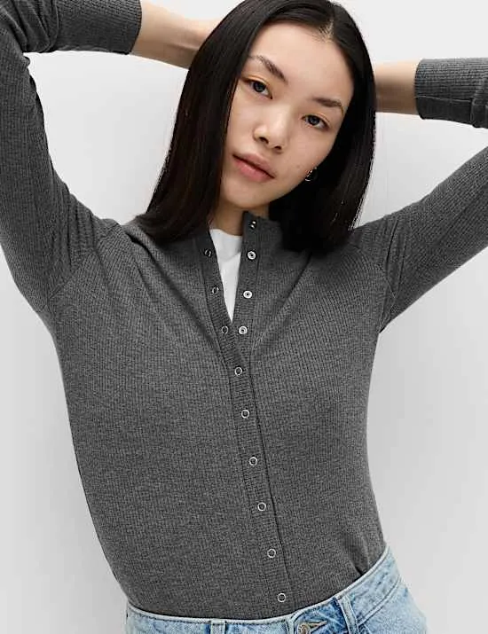 Cotton Rich Long Sleeve Popper Henley Top