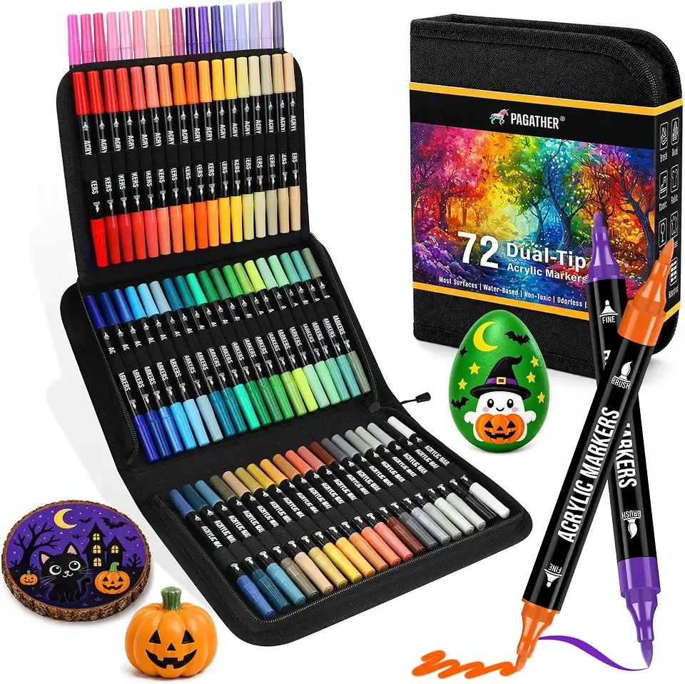 Pagather Acrylic Paint Markers, 72 Colors Dual Tip Fine & Brush Pens Set