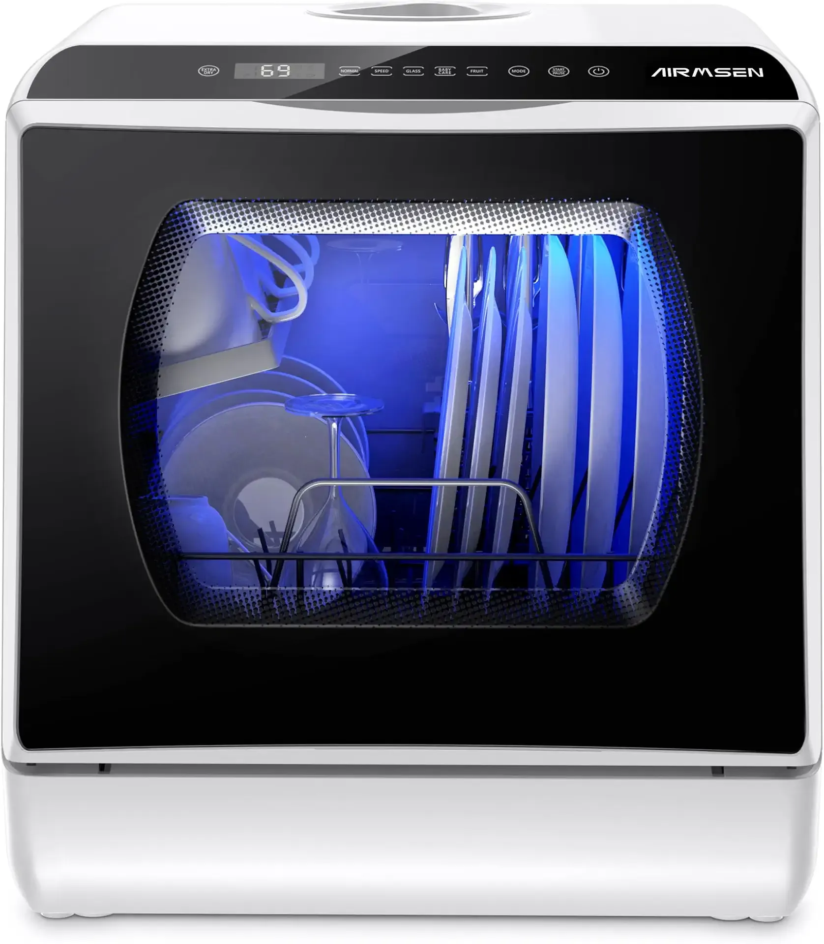 AIRMSEN Portable Countertop Dishwashers, 5 Washing Programs Mini Dishwashers with 1.2 Gal Built-in Water Tank and Double-layered Glass Door, No Hookup Needed for Home, Apartments & RVs