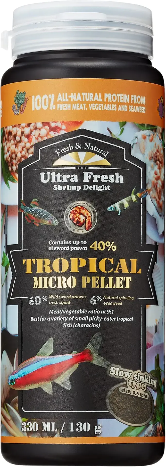 Ultra Fresh Tetra Fish Food, Slow Sinking, All Natural Ingredients, Wild Sword Prawns, Spirulina, Natural Color Enhancement, Small Granules for Small Fish, Tropical Micro Pellet 4.6 oz