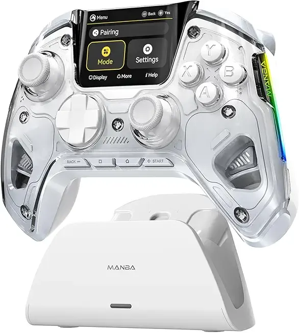 ManbaOne Interactive Screen Wireless Gaming Controller for PC/Switch/Switch 2/iOS/Android,Hall Effect Stick & Trigger,RGB Lighting,Remappable Buttons,1800mAh with Charging Dock (White)